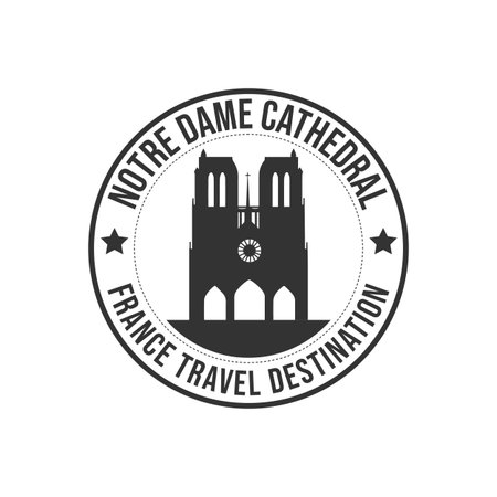 Badge rubber stamp with the text Notre dame cathedral travel destination written inside the stamp. Time to travel.のイラスト素材