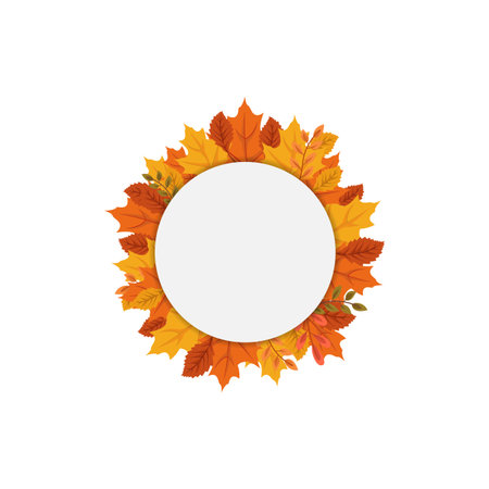 Autumn fall season leaf greeting invitation circle frame background. Autumn leaves circle frame vector imageのイラスト素材