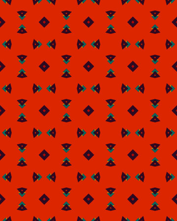 A vertical red background with patterned shapes