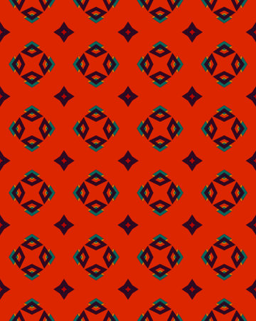 A vertical red background with patterned shapes,