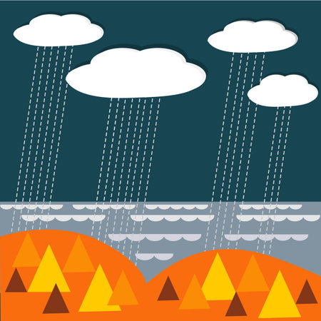 Vector landscape bacground with rainy clouds, wood and seaのイラスト素材