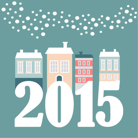 Cute christmas new year 2015 card with winter houses, falling snowflakes, vector illustration, flat design のイラスト素材