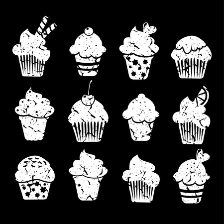 Retro set of cupcakes and muffins icons, chalk drawings,  vector illustrations isolated on black  backgroundのイラスト素材
