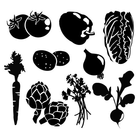 Black isolated vegetables silhouettes icons on white background, vector vegetarian setのイラスト素材