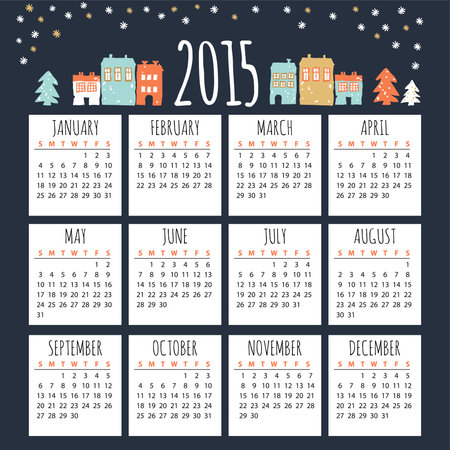 Calendar 2015 with cute winter houses, vector illustration backgroundのイラスト素材