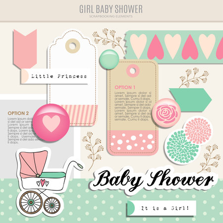Cute set of baby shower scrapbooking elements, isolated vector objectsのイラスト素材