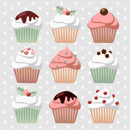 Set of various christmas cupcakes, muffins, vector illustration backgroundのイラスト素材