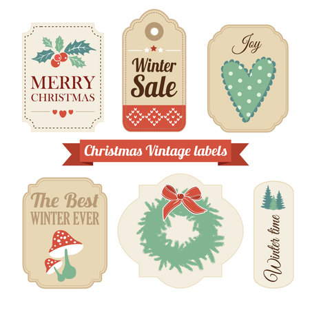 Retro set of winter christmas vintage gift and sale labels, tags, stickers vector illustrationのイラスト素材