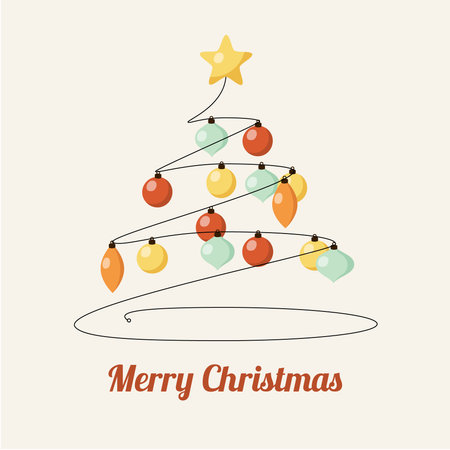 Retro greeting card with decorated christmas tree and balls, vector illustration backgroundのイラスト素材