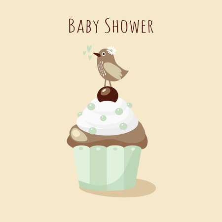 Cute baby shower invitation, birthday card with bird and cupcake, vector illustration backgroundのイラスト素材