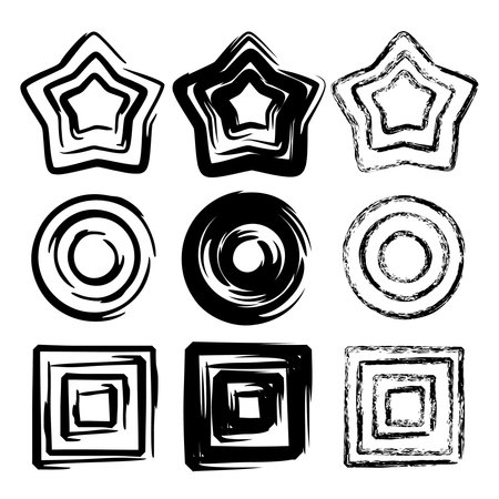 Set of grunge spiral motion geometric elements, black isolated objects, different brush texture, vector illustrationsのイラスト素材