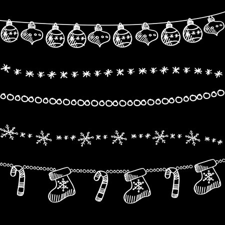 Set of christmas chalk doodle garlands, dividers on blackboard, vector illustration backgroundのイラスト素材