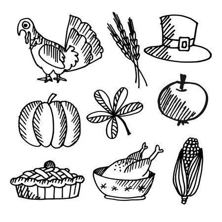 Set of thanksgiving black sketches, vector isolated objectsのイラスト素材