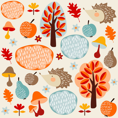 Autumn fall seamless pattern with fruit, hedgehogs and trees, vector illustration backgroundのイラスト素材