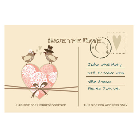Cute wedding card, invitation with floral heart and birds in love, vector illustration backgroundのイラスト素材