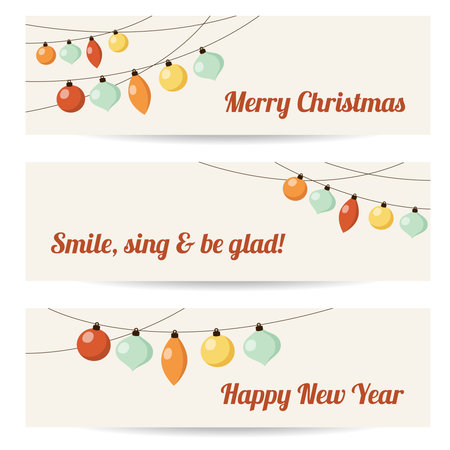 Set of retro banners with garlands, christmas balls, vector illustration backgroundのイラスト素材