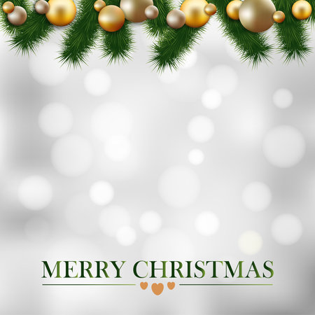 Elegant christmas greeting card with garland of fir twigs and gold christmas balls, vector illustration backgroundのイラスト素材