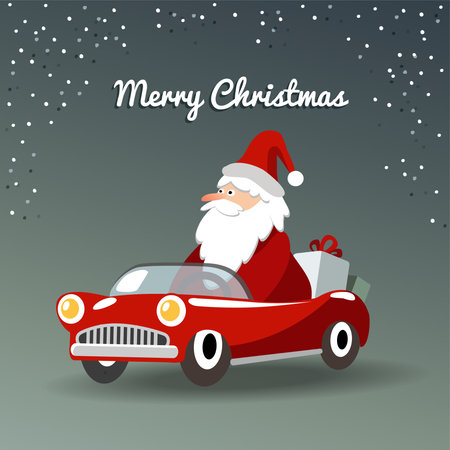 Cute christmas greeting card with Santa Claus, retro sports car and gifts, vector illustration  backgroundのイラスト素材