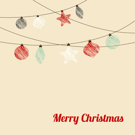 Christmas greeting card with garland, christmas decorations, balls, stars, vector illustration backgroundのイラスト素材