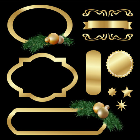 Set of gold luxury labels, frames, stars, balls, fir tree twigs and other graphic elements, vector isolated objectsのイラスト素材