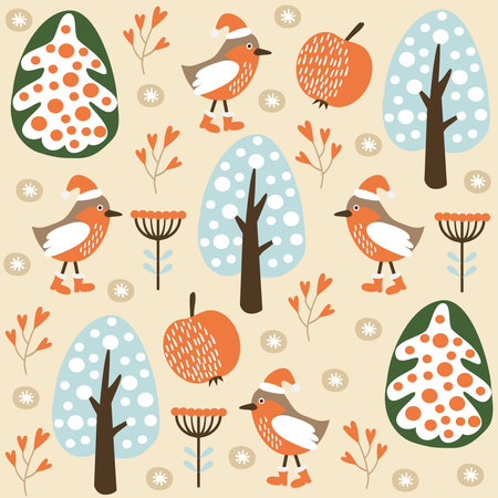 Cute winter seamless pattern with birds in the forest, vector illustration backgroundのイラスト素材