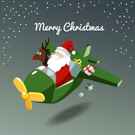 Cute christmas card with santa claus and reindeer rudolph flying the plane, vector illustration backgroundのイラスト素材