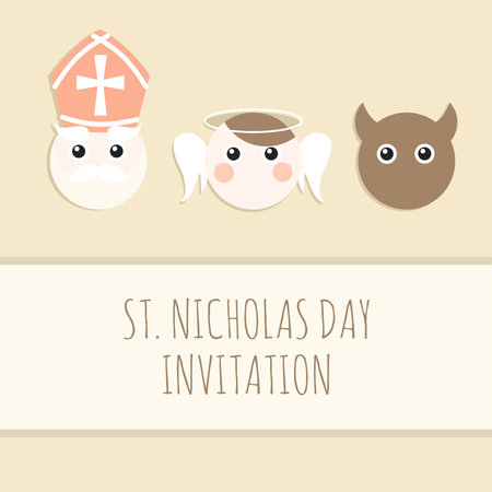 Cute St. Nicholas with devil and angel, christmas invitation card, vector illustration, winter backgroundのイラスト素材