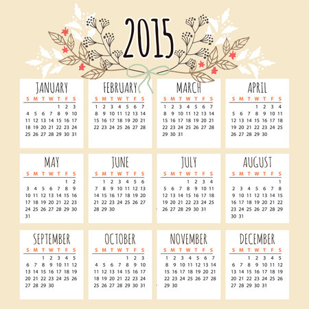 Cute calendar 2015 with floral elements, vector illustration backgroundのイラスト素材