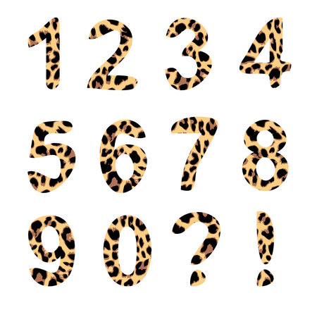Vector alphabet numbers, exclamation and question mark, trendy leopard pattern, isolated vector elementsのイラスト素材