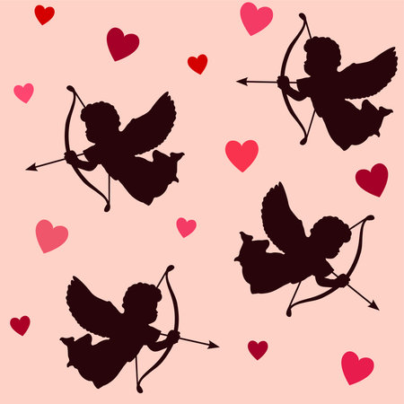 Cute valentine seamless pattern with silhouettes of angels cupids with bows, arrows and hearts, vector illustration backgroundのイラスト素材