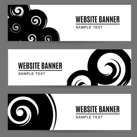 Set of abstract monochrome watercolor or ink painted banners with spirals, headers, illustration backgroundのイラスト素材