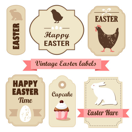 Cute retro easter set of labels with eggs, chicken, bunny, ribbons and other elements, vector illustrationのイラスト素材