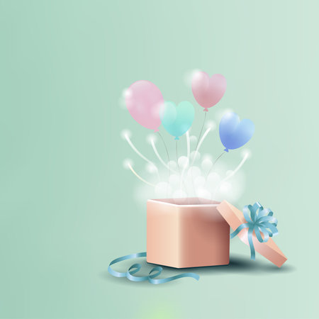 Birthday card, invitation with open gift box and heart shaped balloons, vector illustration backgroundのイラスト素材