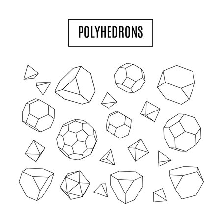 Set of 3d polyhedrons, modern hipster line art icons, crystal, geometrical concept, vector illustrationのイラスト素材