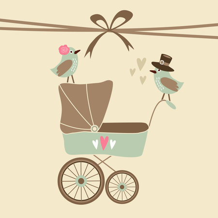 Cute baby shower invitation, birthday card with baby carriage and birds, vector illustration backgroundのイラスト素材