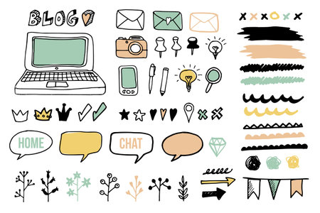 Set of doodle graphic elements for blog and graphic projects, isolated vector objects, icons, frames, dividersのイラスト素材