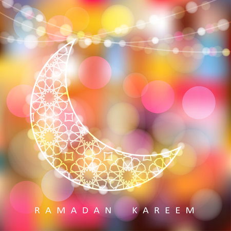 Ornamental moon with bokeh lights, vector illustration background, card, invitation for muslim community holy month Ramadan Kareemのイラスト素材