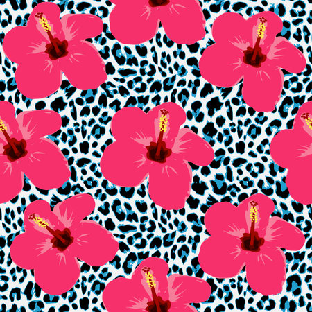 Tropical seamless background with hibiscus flowers and leopard pattern, exotic vector illustrationのイラスト素材