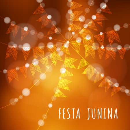 Brazilian june party, vector illustration background with garland of lights and flagsのイラスト素材