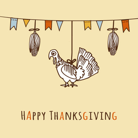 Thanksgiving day card, invitation with corn, turkey and party flags, vector hand drawn sketchのイラスト素材
