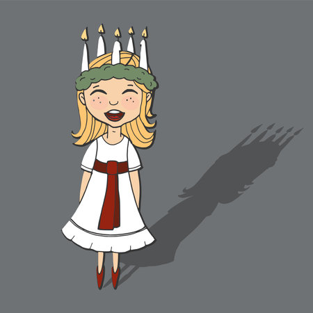 Cute little girl with wreath and candle crown, Saint Lucia, Swedish christmas tradition, vector illustration backgroundのイラスト素材