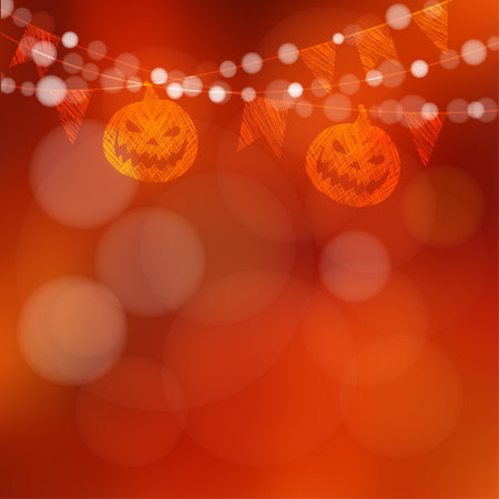 Halloween or Dia de los muertos (Day of the Dead) card, invitation with garland of lights, pumpkins and party flags, vector illustration backgroundのイラスト素材