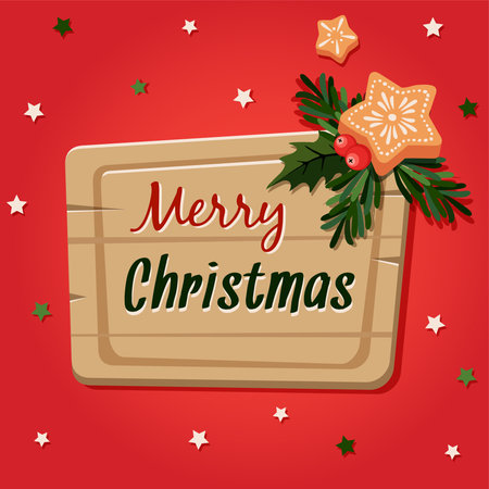 Christmas greeting card, invitation with chopping board, gingerbread, fir twigs and holly, hand drawn vector illustration, flat designのイラスト素材