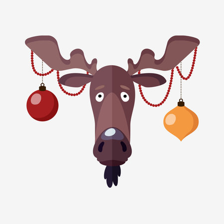 Christmas greeting card, invitation with moose head decorated by christmas balls, flat design, vector illustration backgroundのイラスト素材