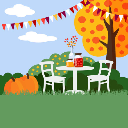 Autumn, fall garden party background, flat design, vector illustrationのイラスト素材
