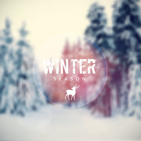 Christmas card with blurred winter landscape with snow covered trees and reindeer icon, vector illustration backgroundのイラスト素材