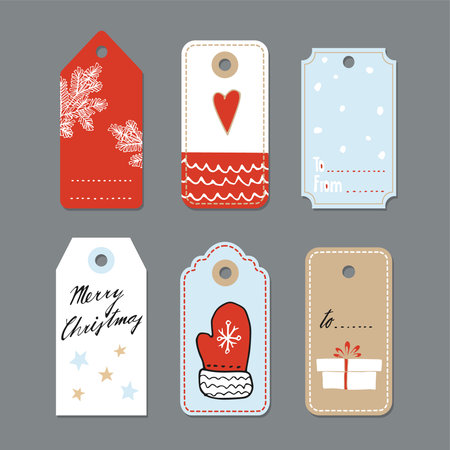 Set of cute christmas gift tags, labels, hand drawn illustrations, flat design, isolated vector objectsのイラスト素材