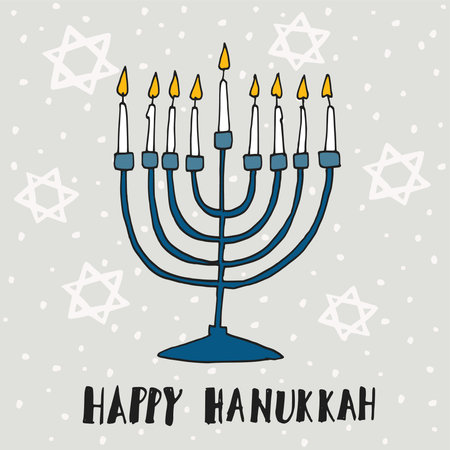 Cute Hanukkah greeting card, invitation with hand drawn menorah (candelabra) and jewish stars, vector illustration backgroundのイラスト素材
