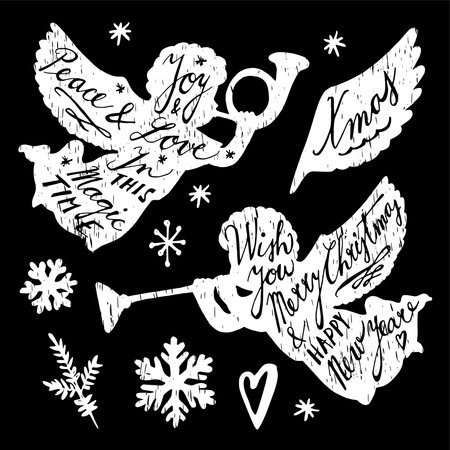 Set of chalk hand drawn Christmas illustrations, angels and snowflakes, isolated vector objectsのイラスト素材