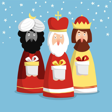 Cute Christmas greeting card, invitation with three kings, flat design, vector illustration backgroundのイラスト素材